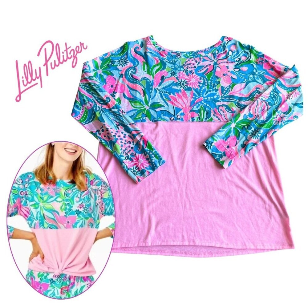 Lilly Pulitzer Finn Long Sleeve Women's Shirt, Turquoise Oasis Golden Hour - LG